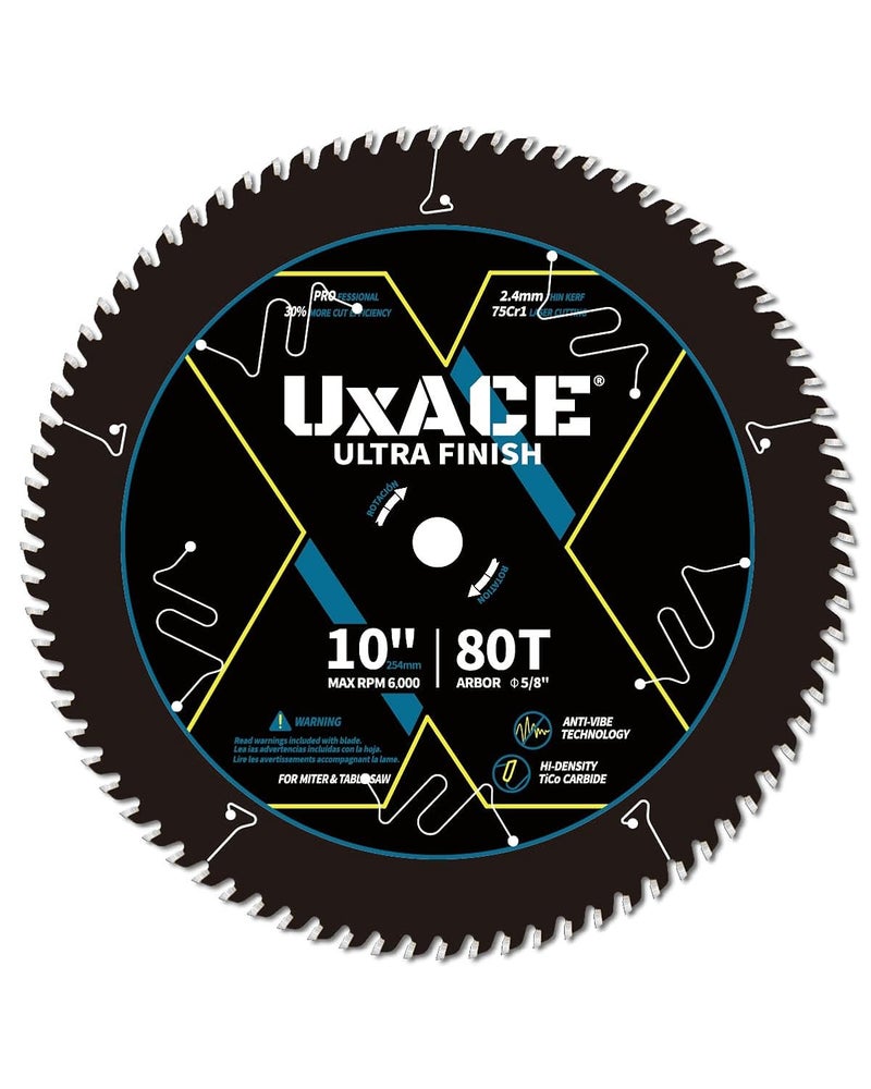 UXACE 10-Inch 80-Tooth Circular Saw Blade with 5/8-Inch Arbor, Ultra Finish Wood Cutting, Carbide Tip, Thin Kerf, for Plywood, MDF, OSB, Laminated - Image 1